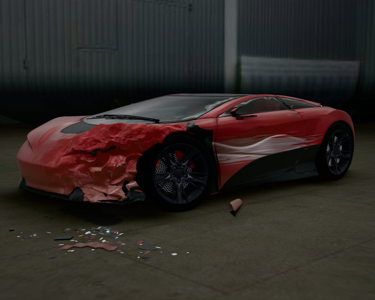 Ilustración 3D de un auto rojo después de una colisión: la esquina delantera está aplastada, la rueda delantera desplazada, el parabrisas agrietado, el espejo desprendido y un rayón recorre la puerta; hay restos y refrigerante derramado debajo.